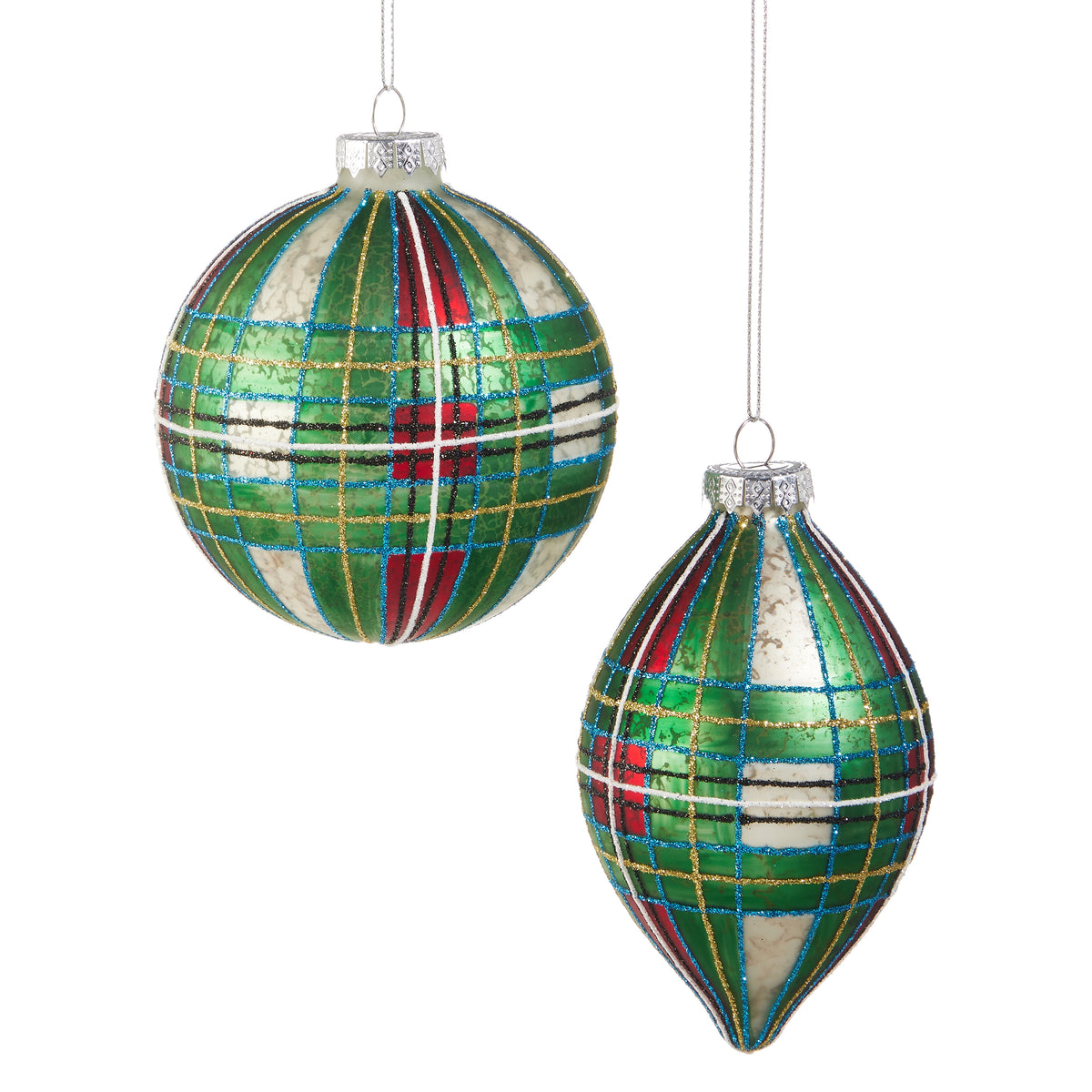 2 Green Tartan Plaid Ornaments, one round and one pointed oval shown on a white background
