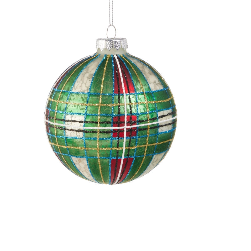round Green Tartan Plaid glass Ornament shown on a white background