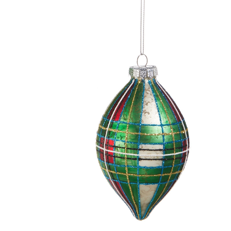 teardrop shaped Green Tartan Plaid glass Ornament shown on a white background