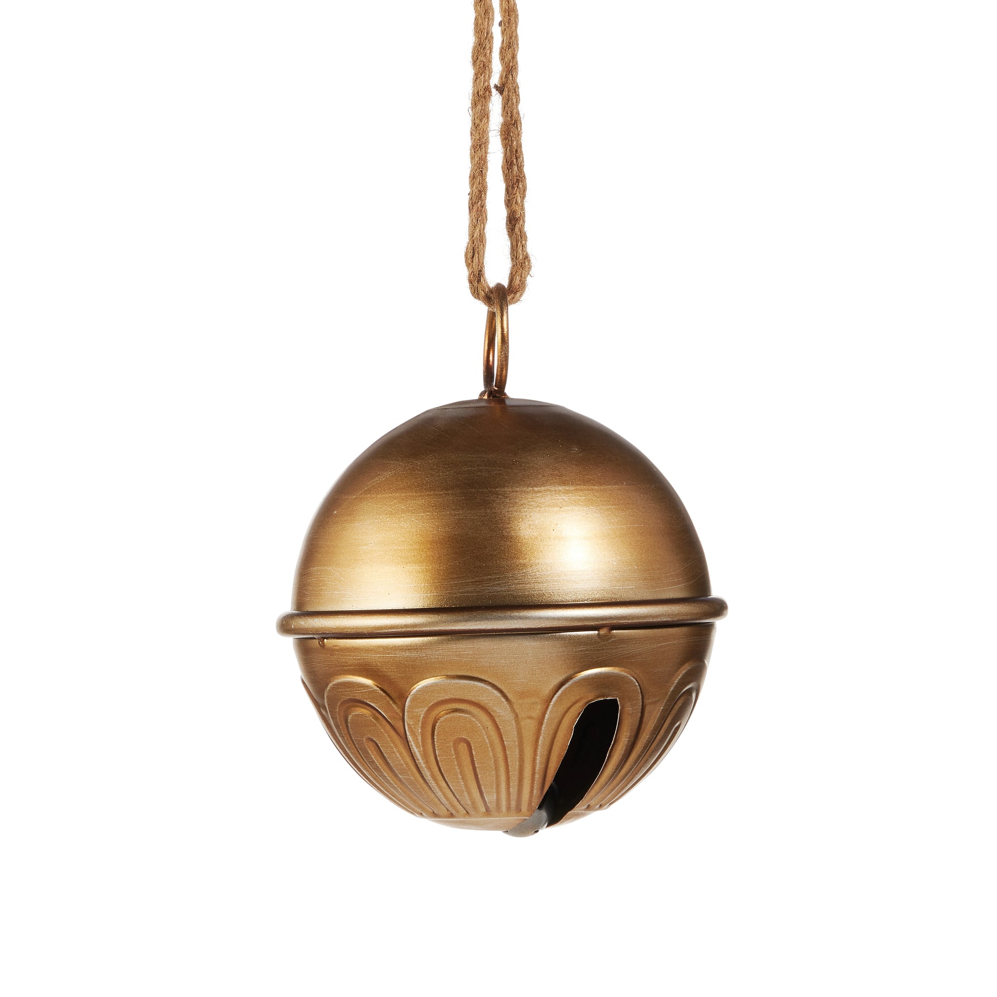 7 inch gold sleigh bell hanging on a jute cord shown on a white background