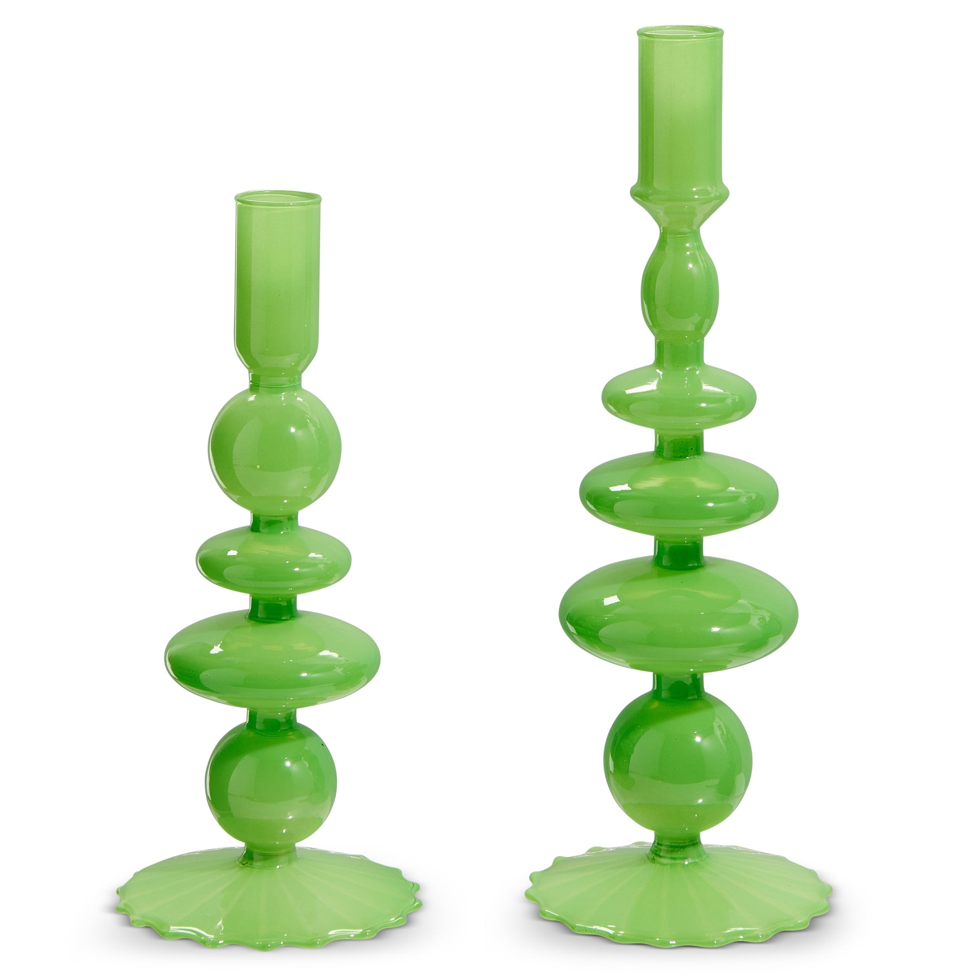 two green glass mid century shaped candle sticks