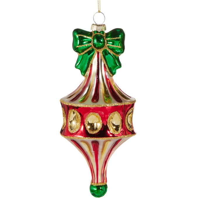 red green and gold glass ornament with green glass bow on top shown on a white background