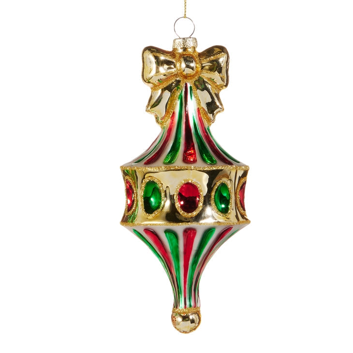 gold red and green glass ornament with gold glass bow on top shown on a white background
