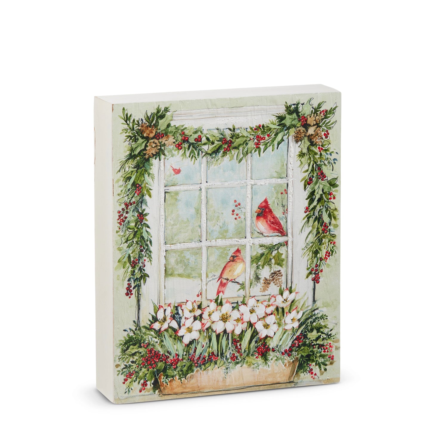 watercolor holiday cardinal block art shown on a white background