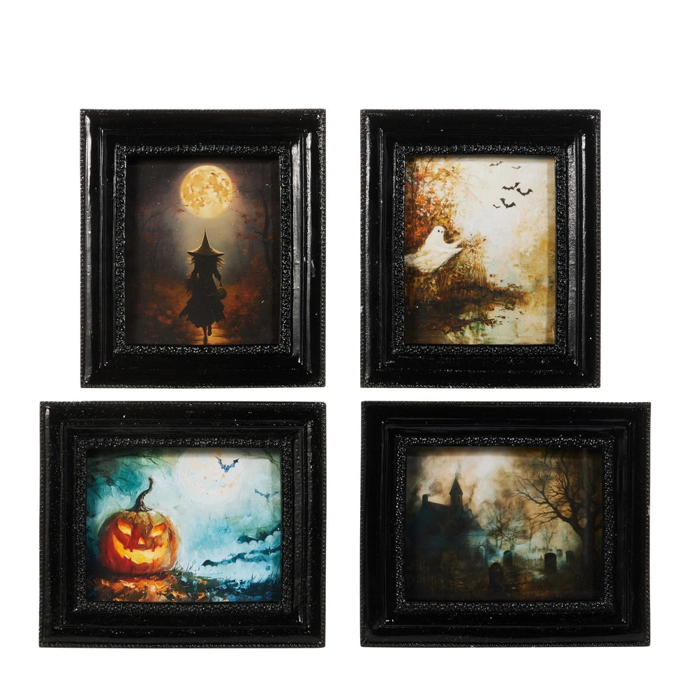 four Halloween-themed framed artworks on a white background