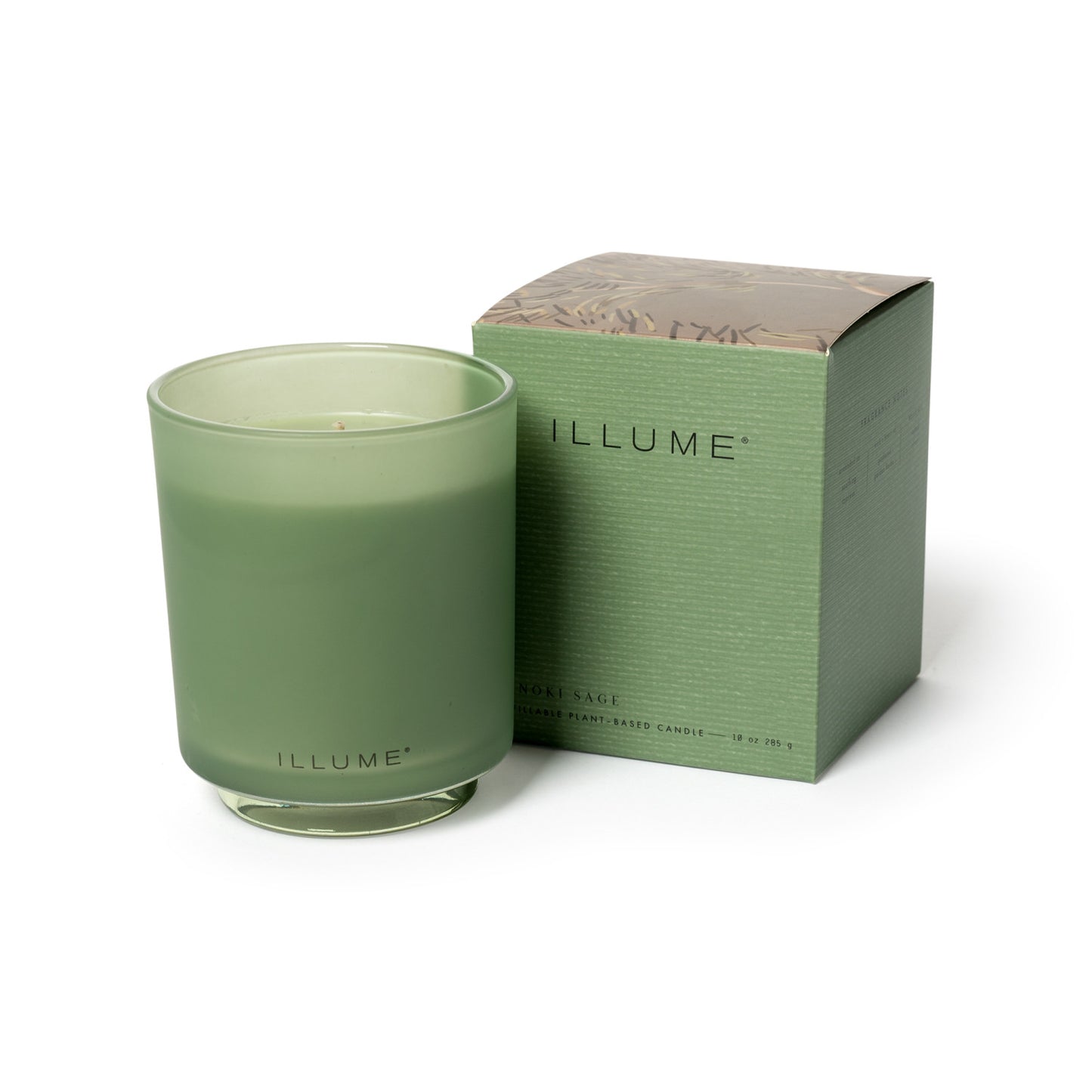 Hinoki Sage Boxed Glass Candle next to its box