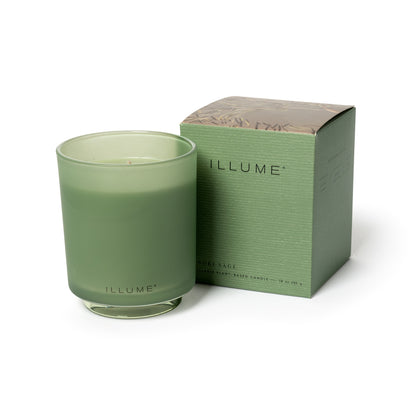 Hinoki Sage Boxed Glass Candle next to its box