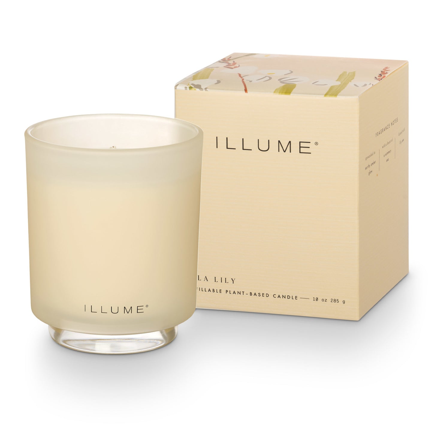 Isla Lily Refillable Glass Candle next to its box