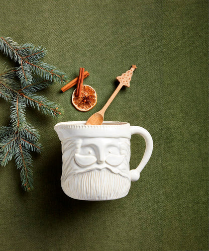 santa pitcher arranged on a green surface with evergreen sprigs and holiday spices.