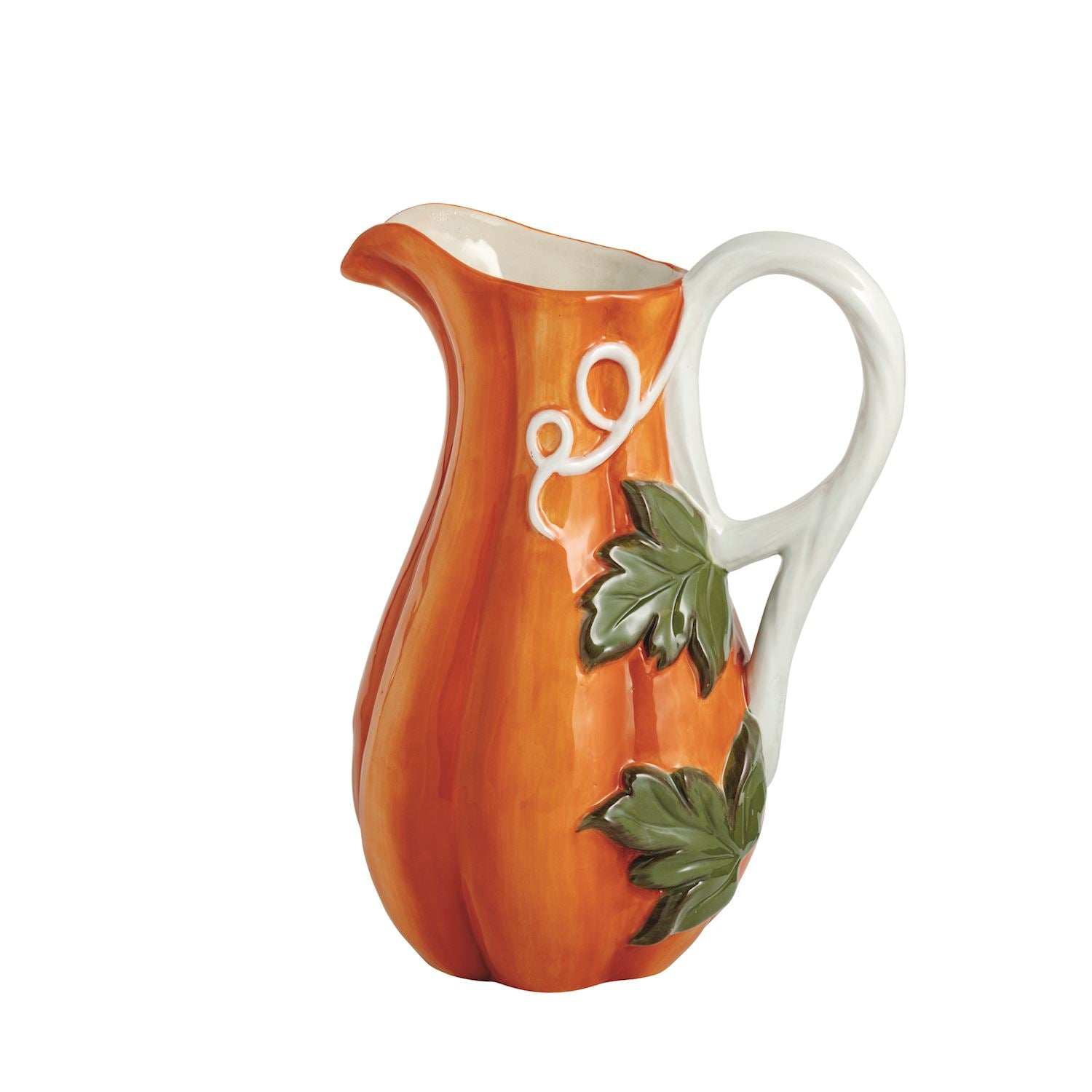 gourd-shaped ceramic pitcher with leaf decorations on a white background