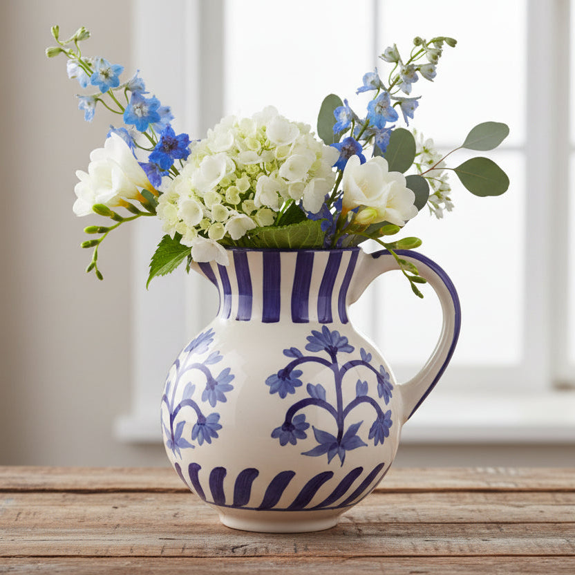 blue and white flower pitcher filled with flowers on a wooden table