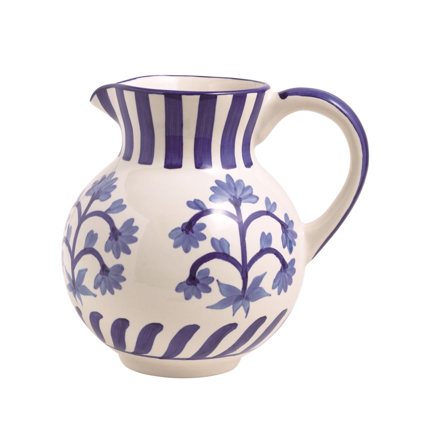 Ceramic pitcher with blue floral patterns shown on a white background