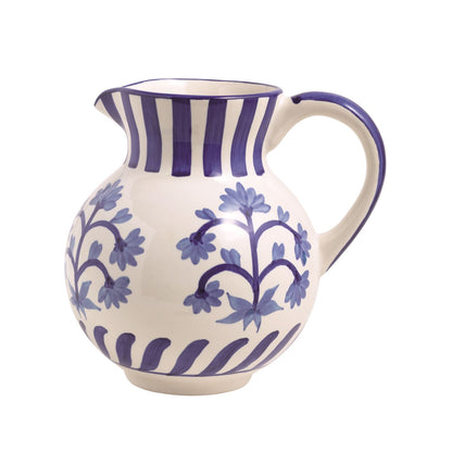 Ceramic pitcher with blue floral patterns shown on a white background