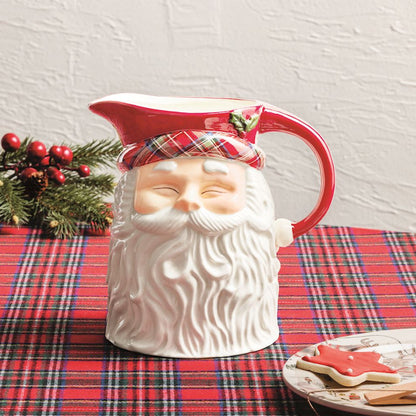 tartan santa face pitcher on a tartan table cloth