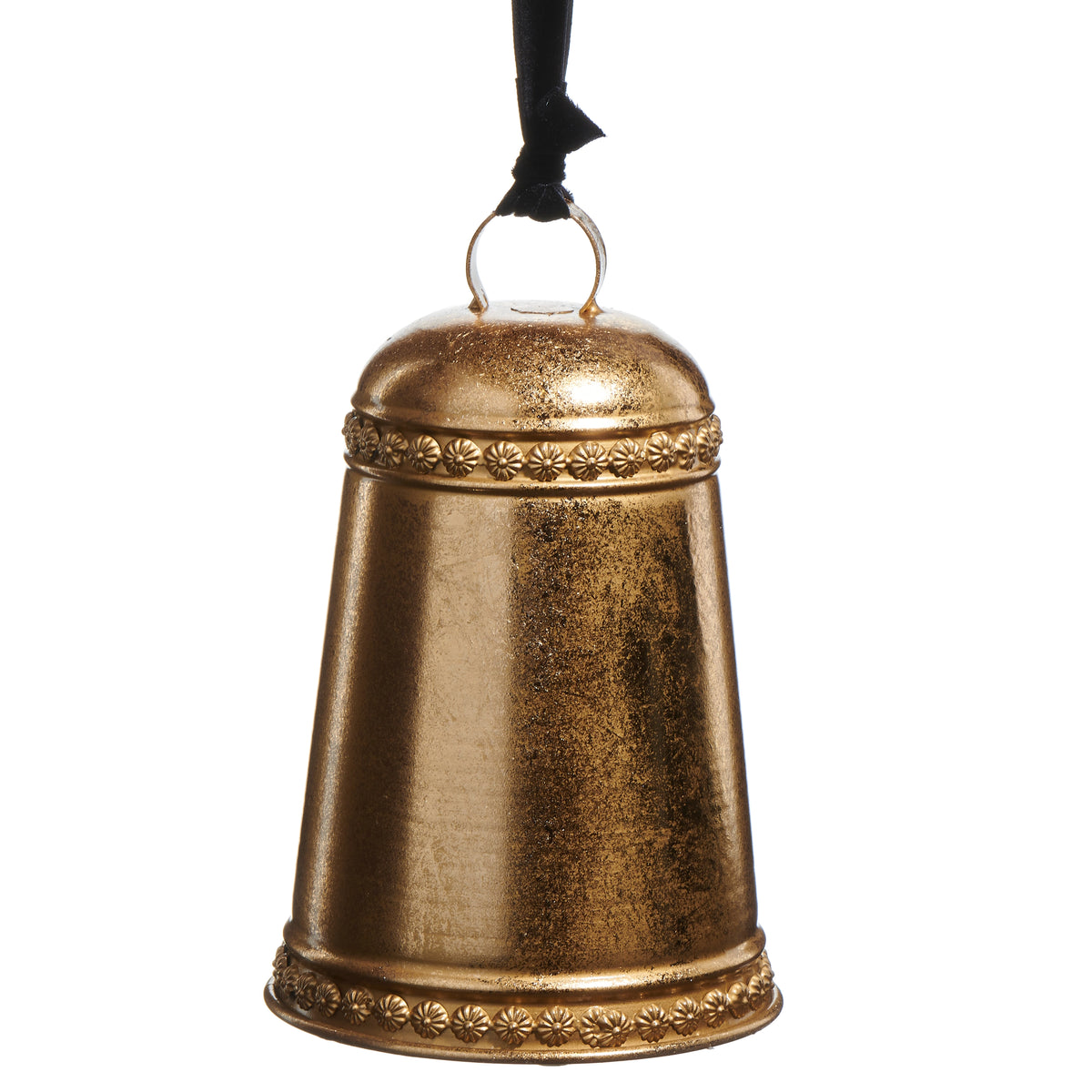 9.5 inch gold bell Ornament hanging from a black ribbon