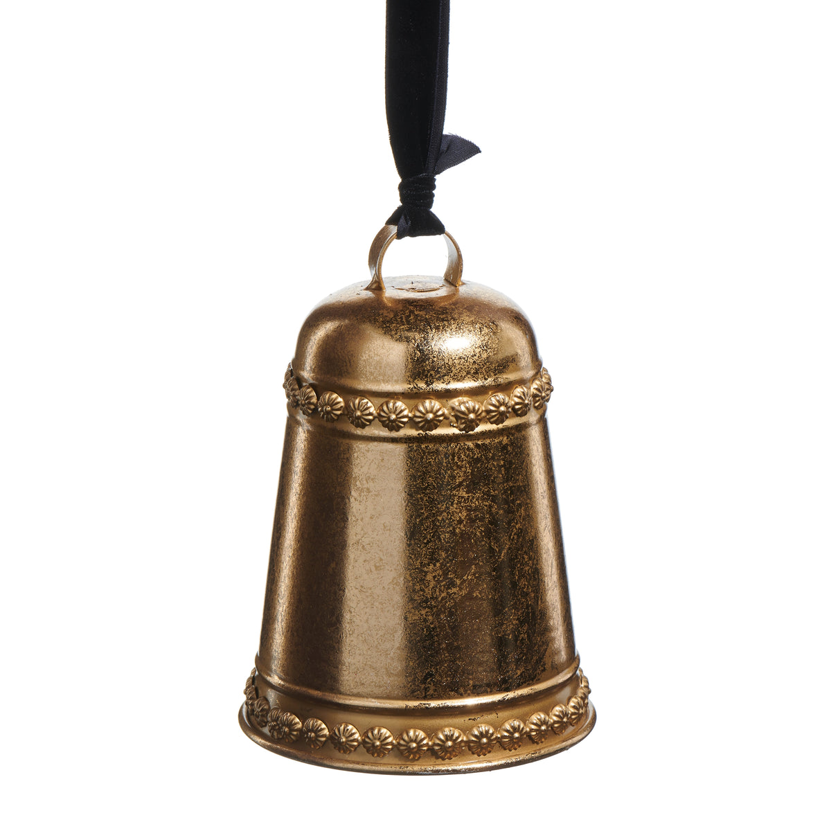 7 inch gold bell Ornament hanging from a black ribbon