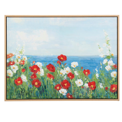 Framed canvas art print with a floral theme, featuring red and white flowers, green foliage, ocean view, and a blue sky.