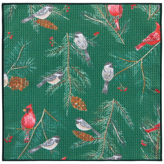 microfiber dishcloth with Pattern of birds and pinecones on a green background