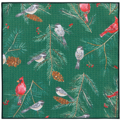 microfiber dishcloth with Pattern of birds and pinecones on a green background