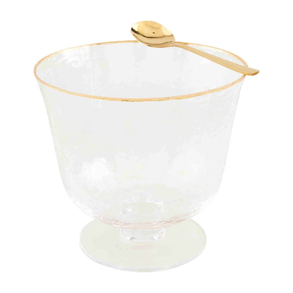 glass pedestaled bowl with gold rim and spoon on a white background.