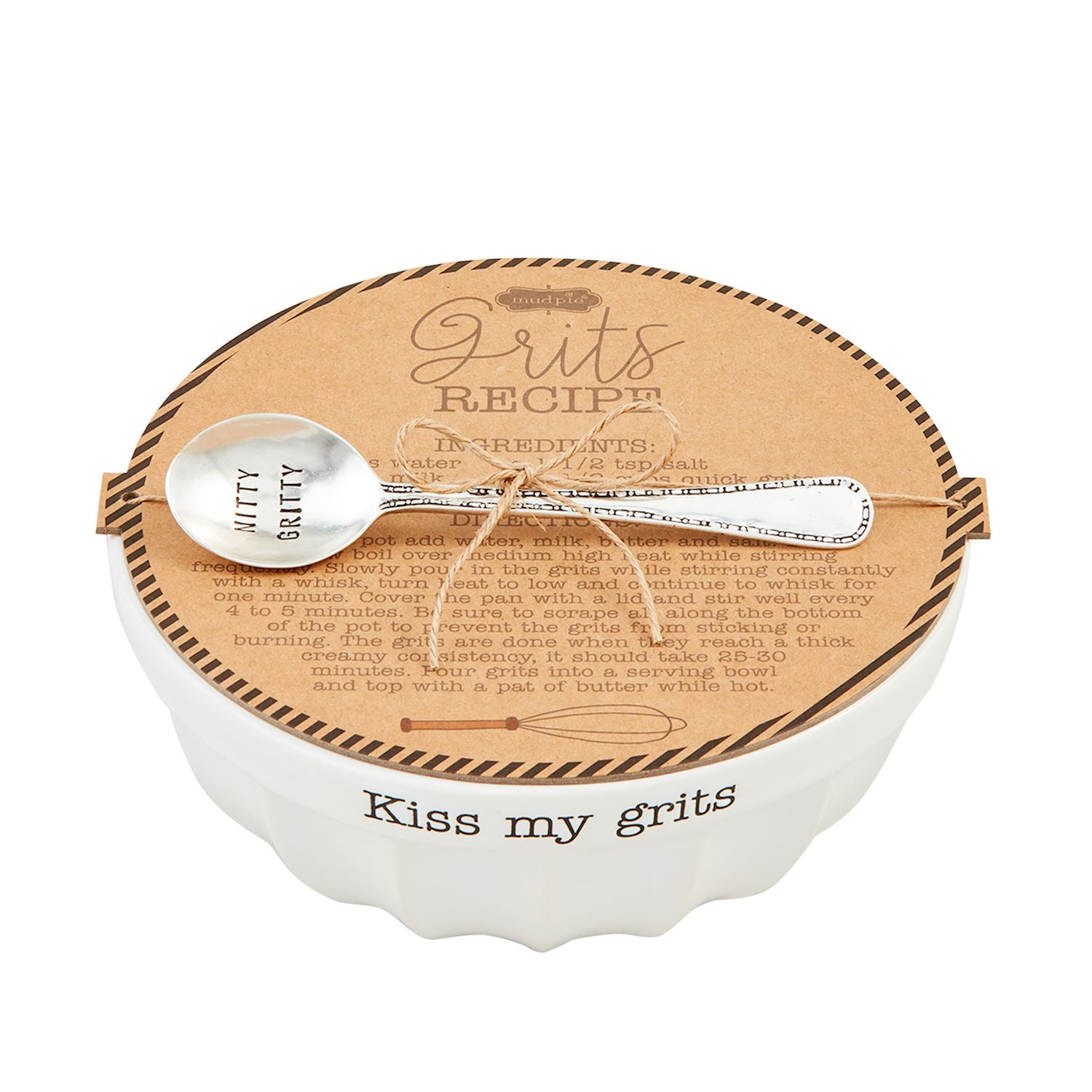 grits bowl with paper packaging and spoon tied on top, paper is printed with grits recipe.