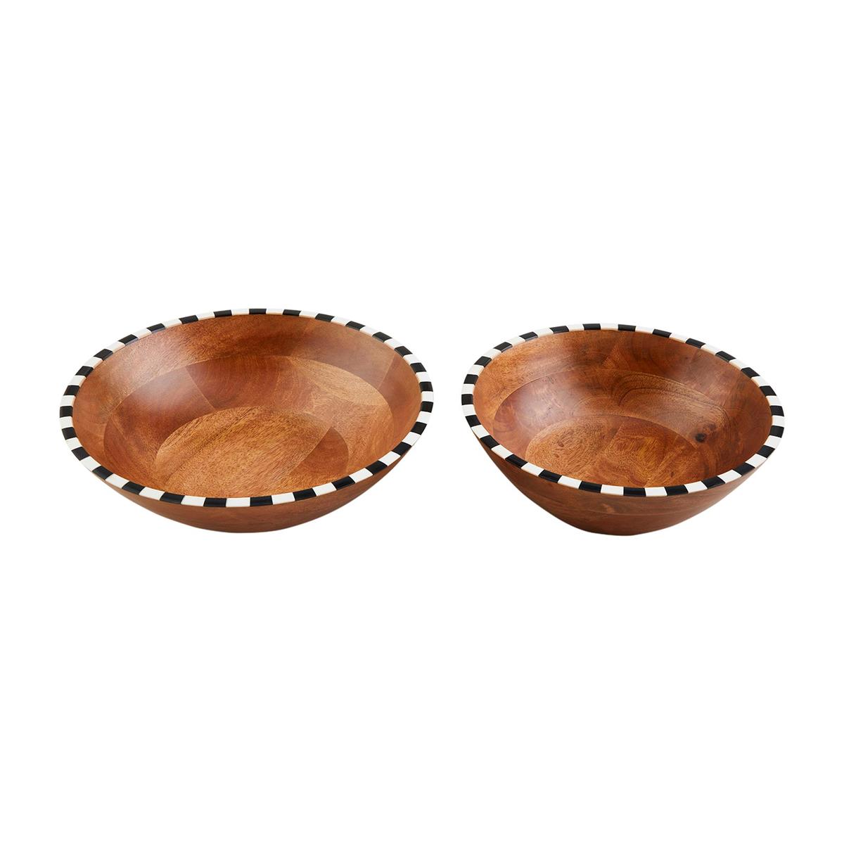 2 sizes of wooden bowls with black and white rims on a white background.