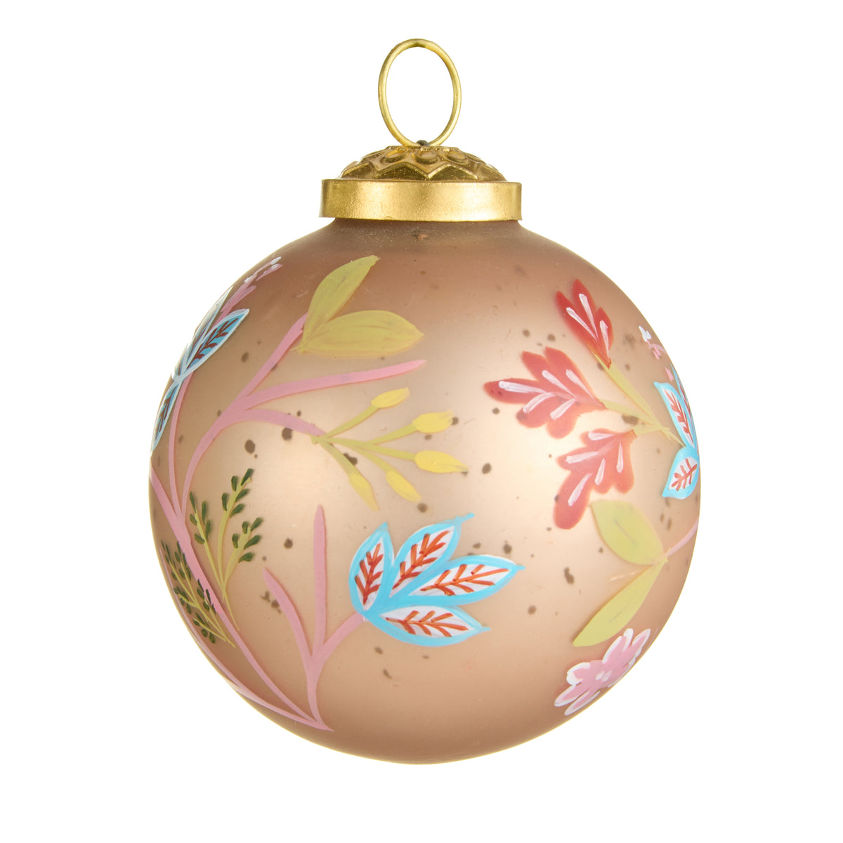 blush ball ornament with blue, red and pink floral design and a gold topper shown on a white background