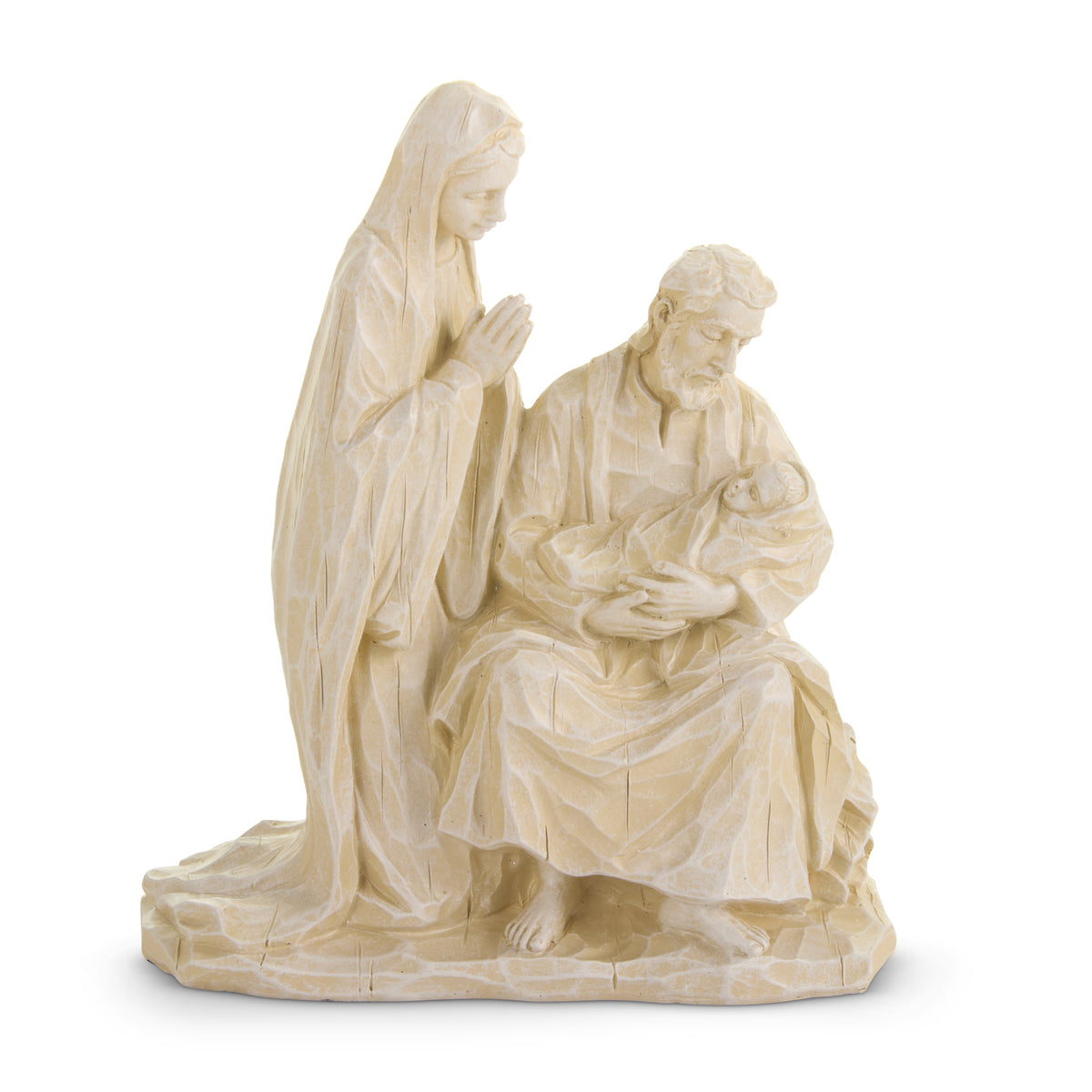 Holy Family with joseph holding baby jesus and mary kneeling next to them