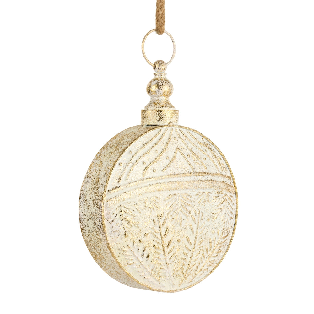 large Gold Brush Ivory Bell ornament with a jute rope hanger shown on a white background