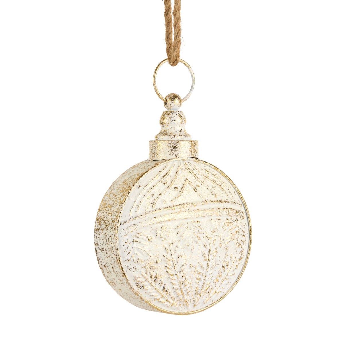 small Gold Brush Ivory Bell ornament with a jute rope hanger shown on a white background