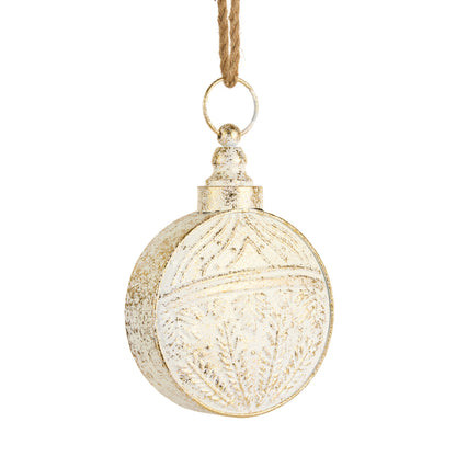 small Gold Brush Ivory Bell ornament with a jute rope hanger shown on a white background