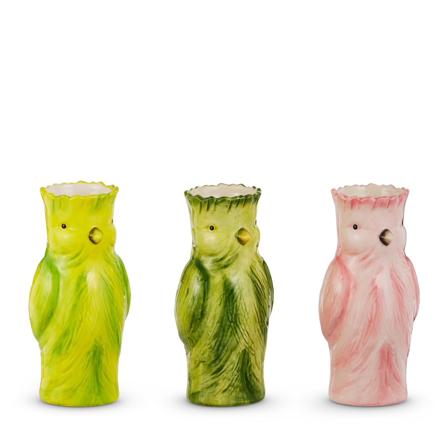 cockatoo bud vases in a row, one yellow, one green, and one pink
