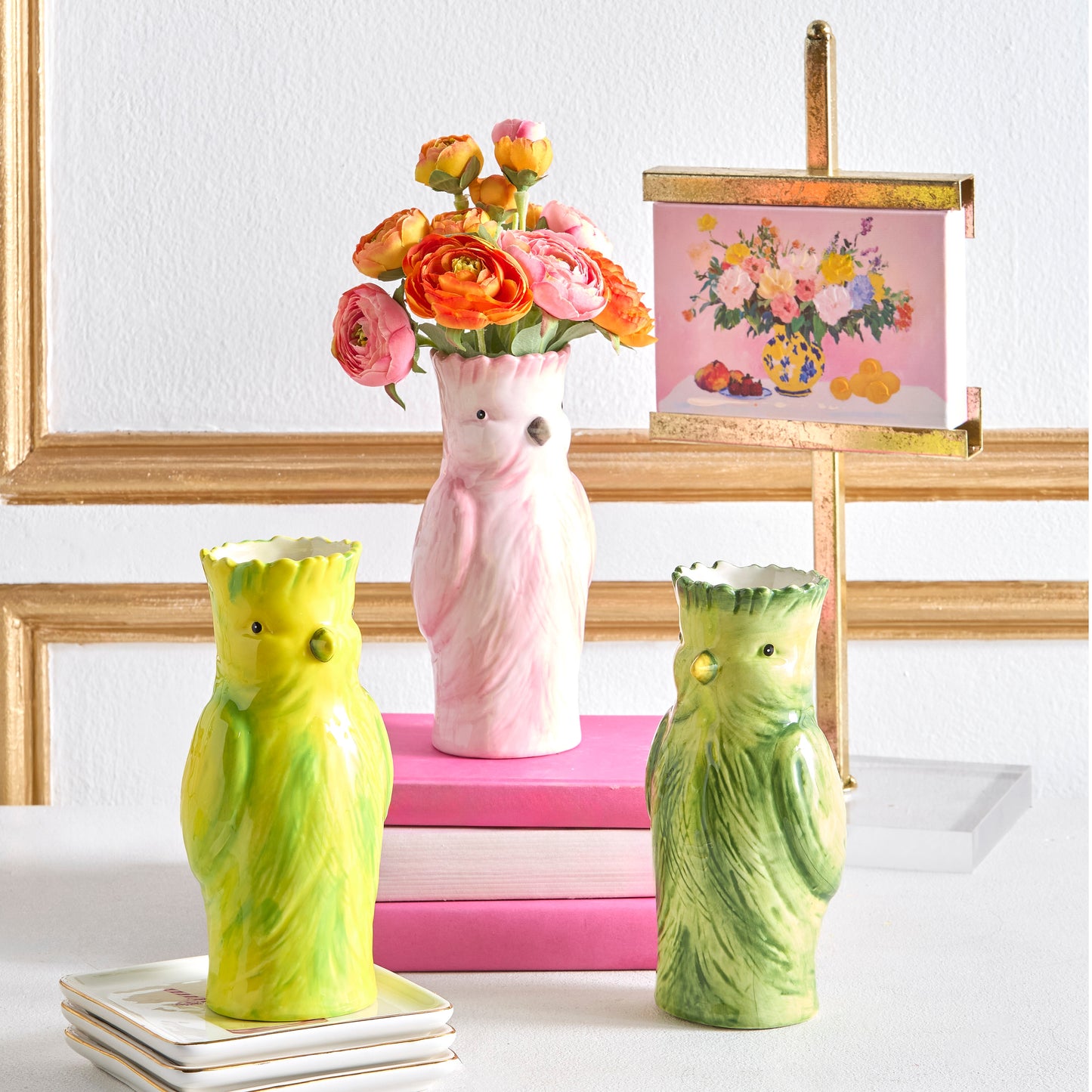 cockatoo vases in a decorated setting