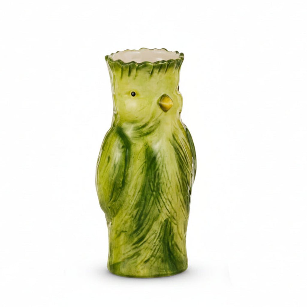 green cockatoo bud vases shown on a white background