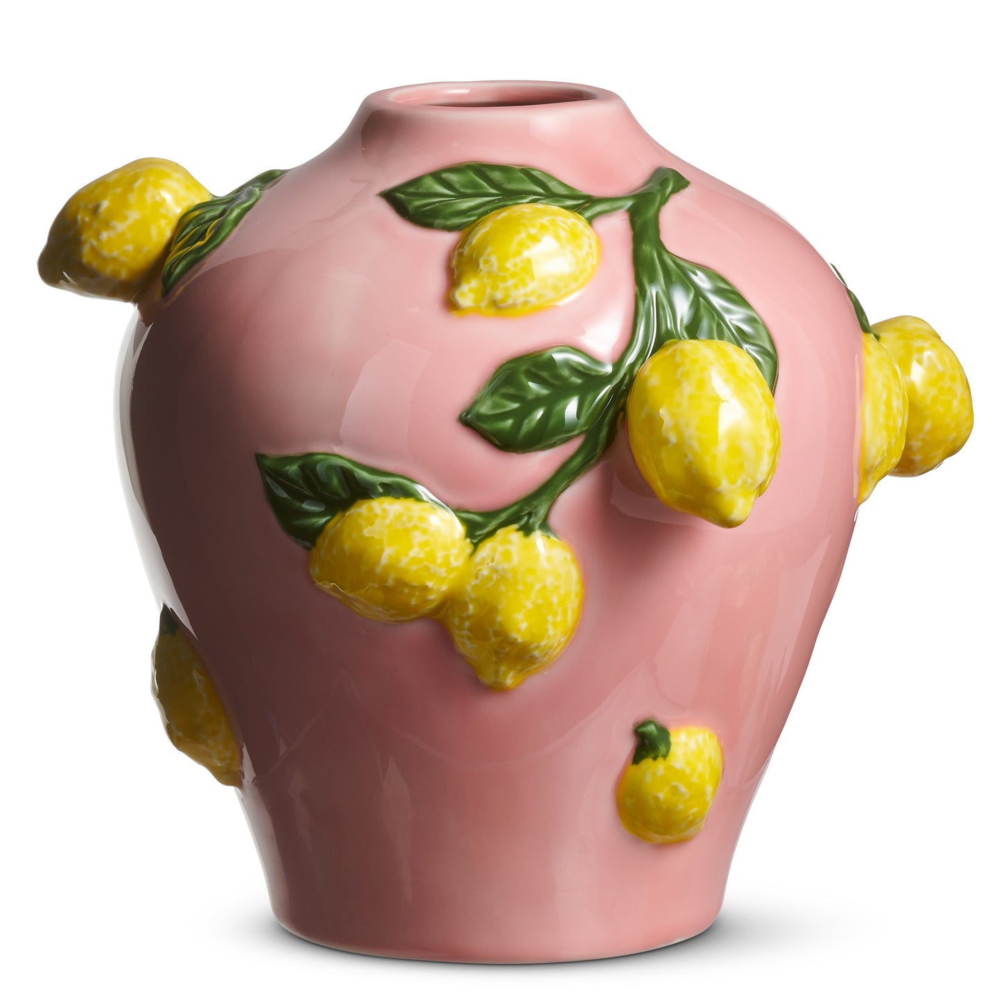 pink ceramic vase with yellow lemons on it
