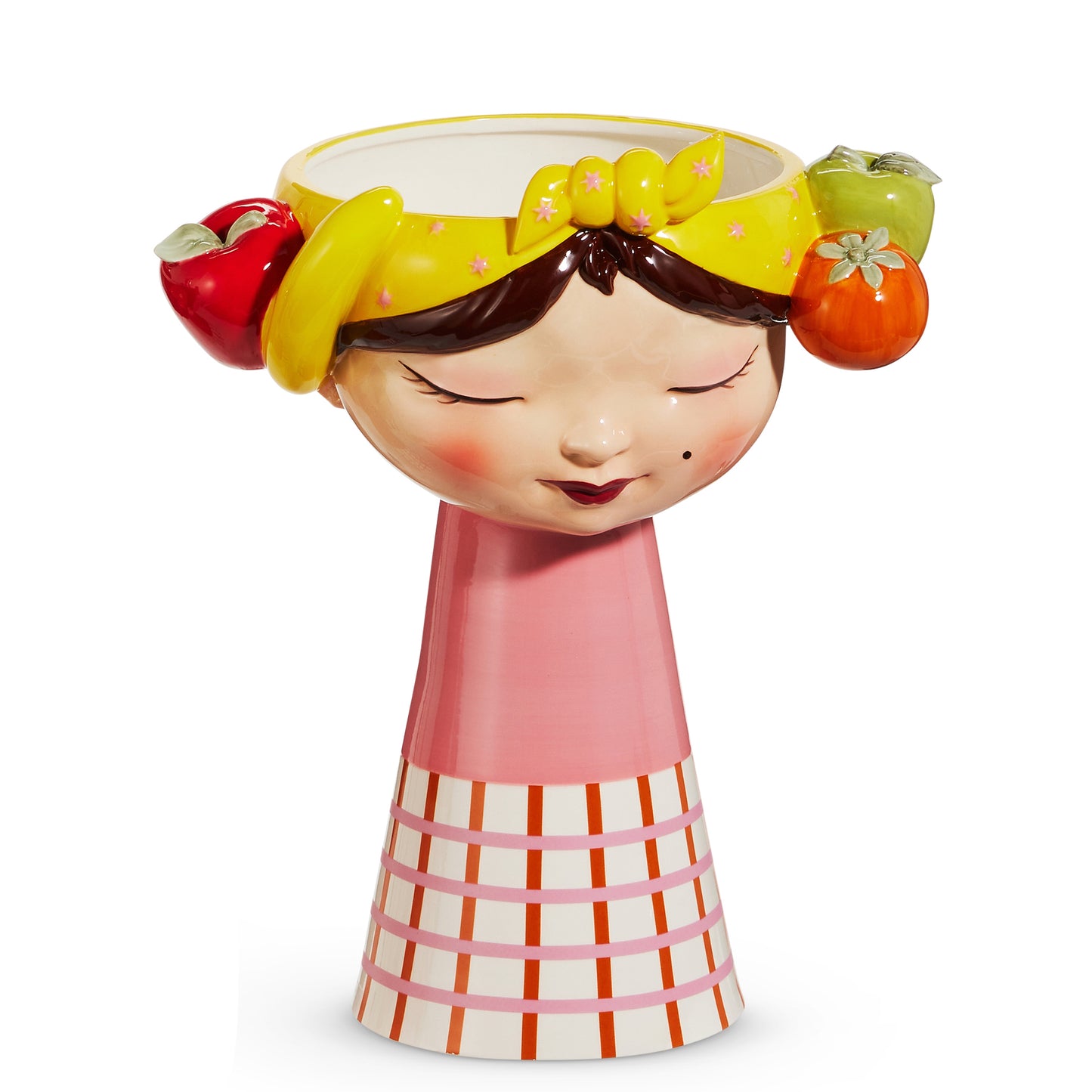 ceramic vase shaped like a girls head with fruit on sides of rim