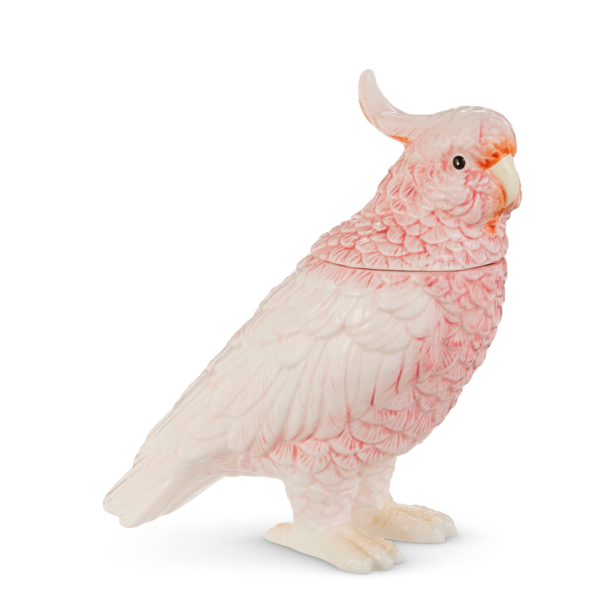 Pink ceramic cockatoo-shaped container with removable head lid on white background