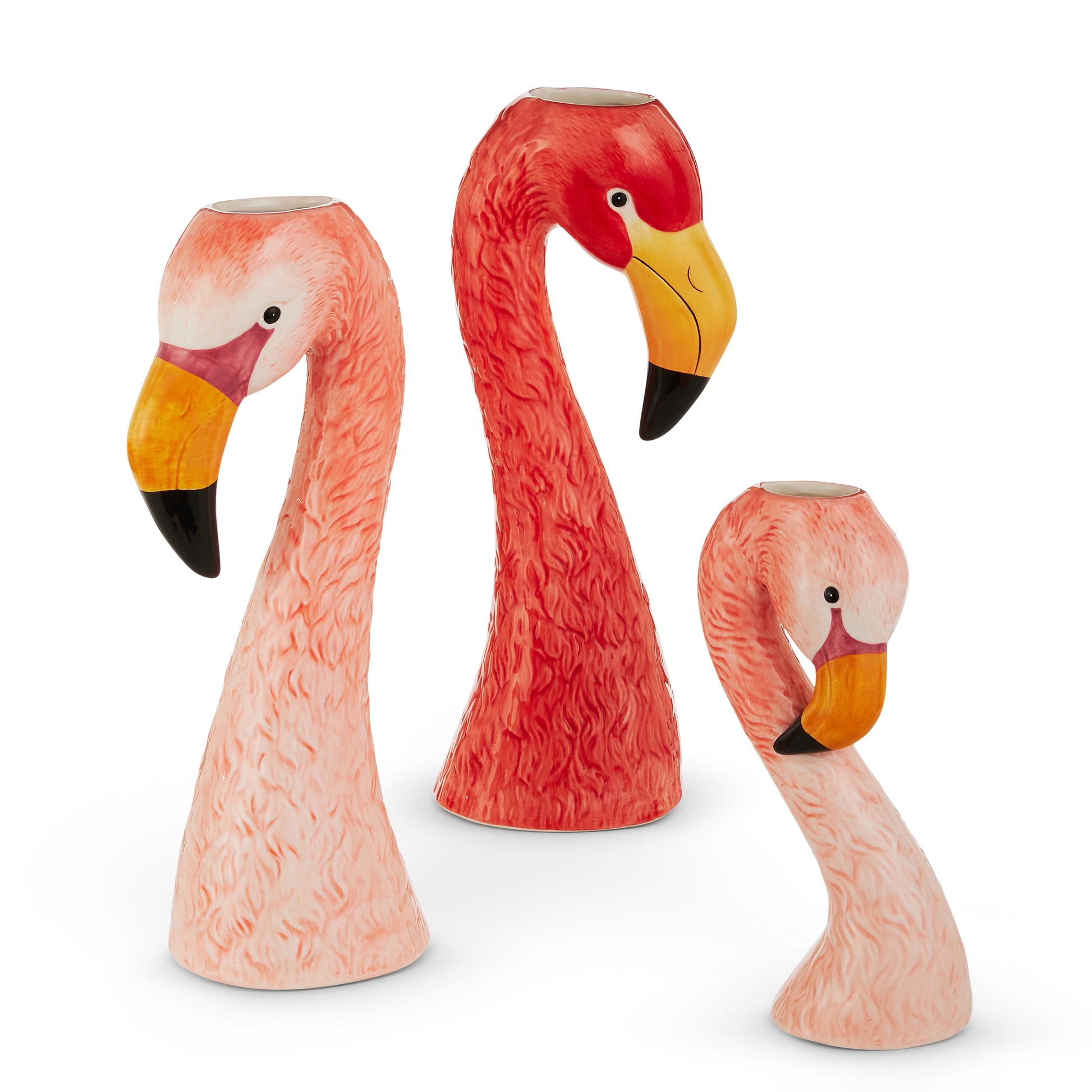 3 flamingo head vases on a white back ground