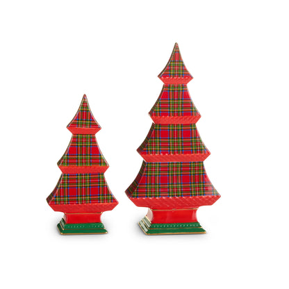 2 red and Plaid Tabletop Trees on a white background