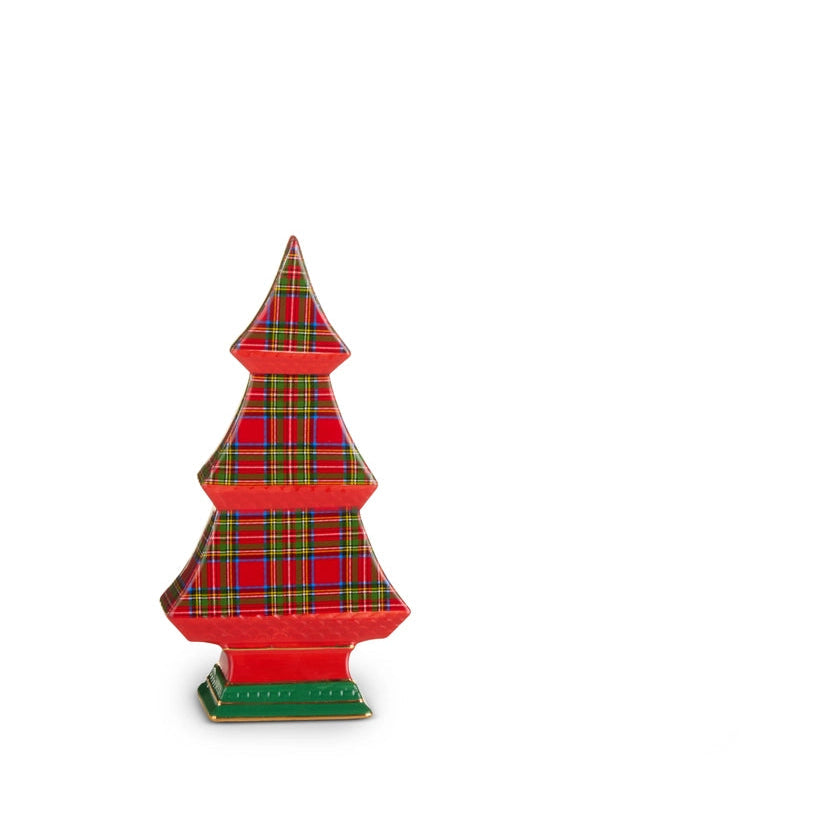 smaller red and green plaid Christmas tree on a white background