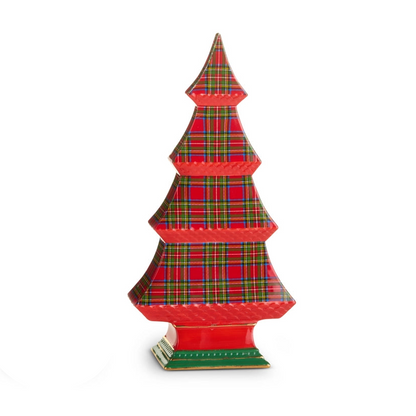 larger red and green plaid Christmas tree on a white background