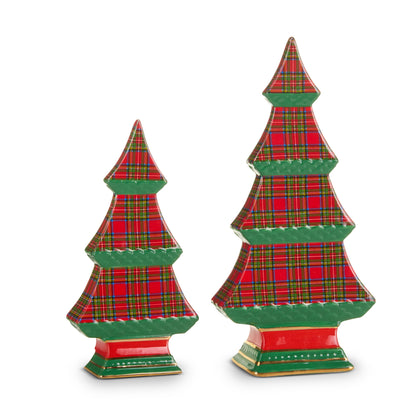 2 green and Plaid Tabletop Trees on a white background