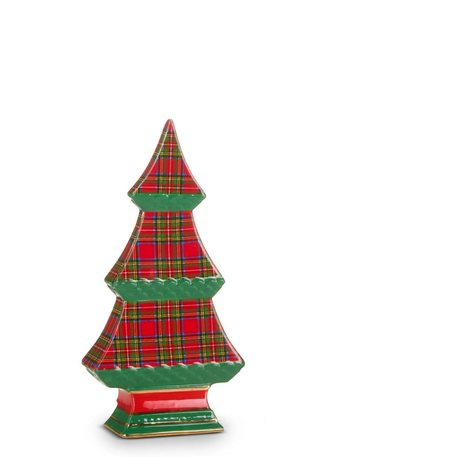 smaller ceramic red and green plaid Christmas tree shown on a white background