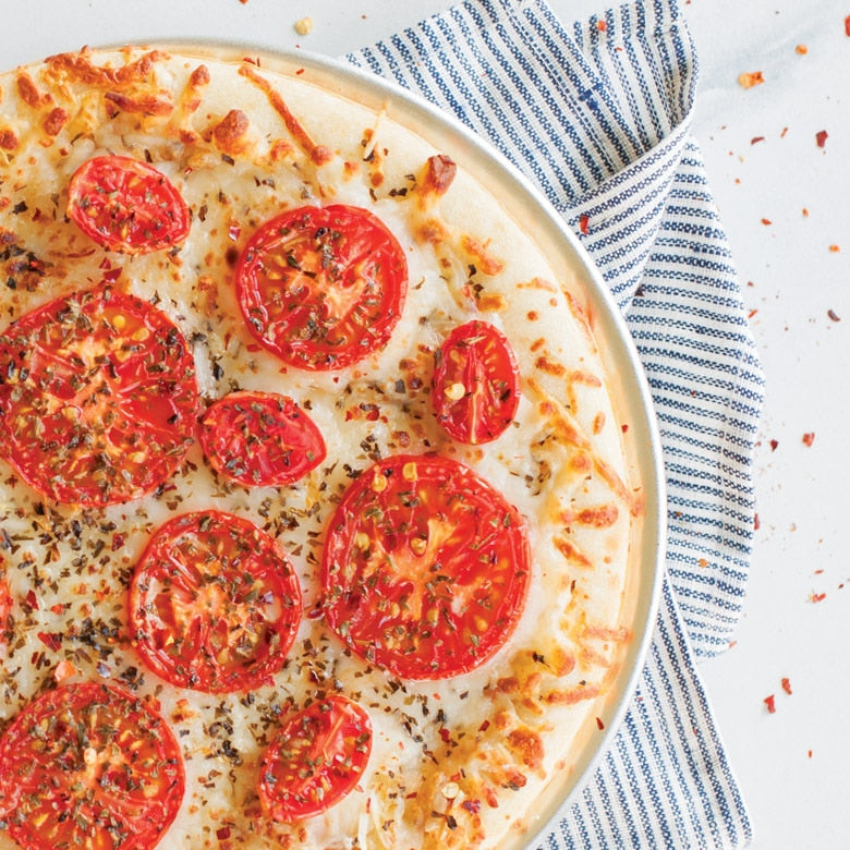 top view of pizza cooked on a Hot Air Pizza Crisper.