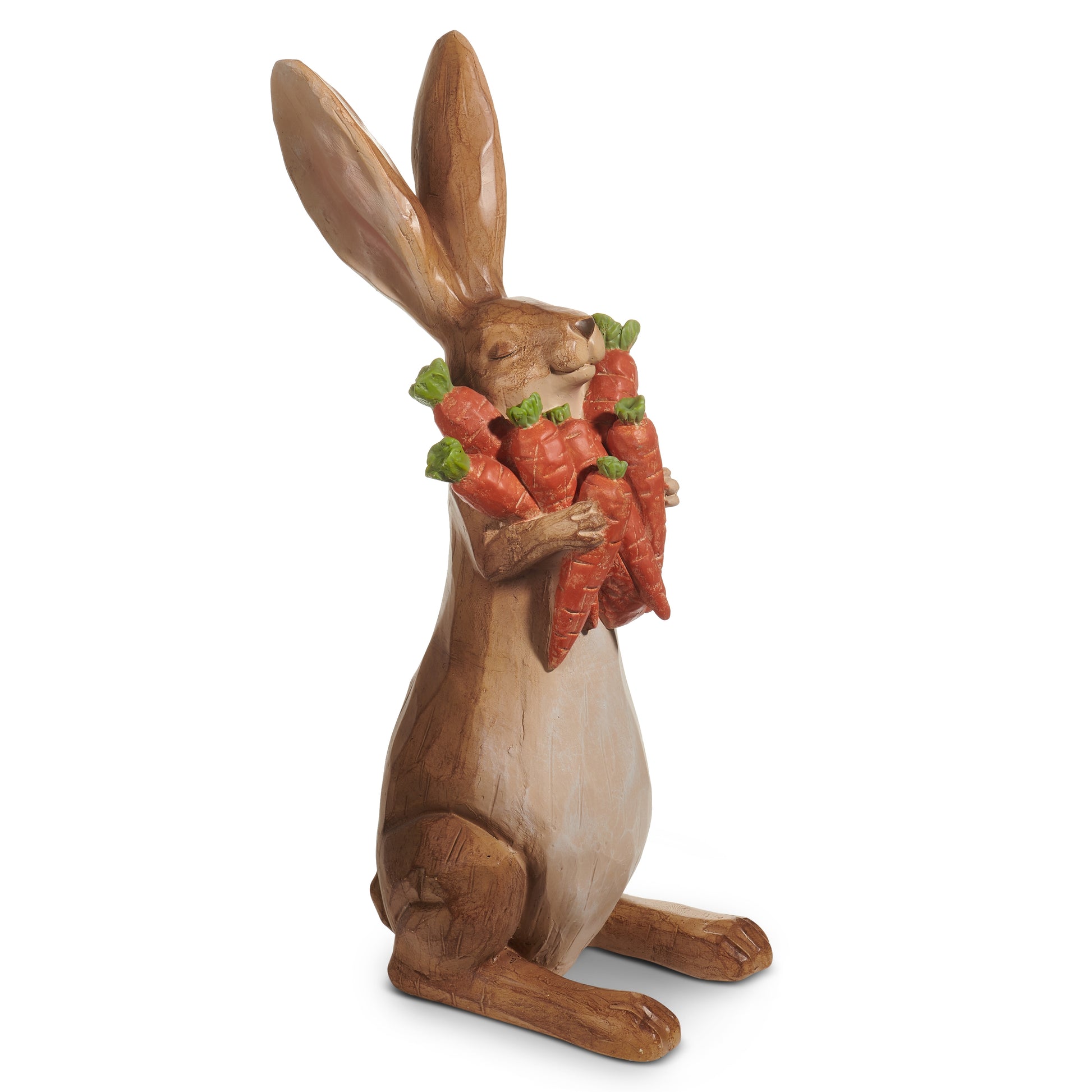 brown carved wood-like bunny holding a bunch of carrots