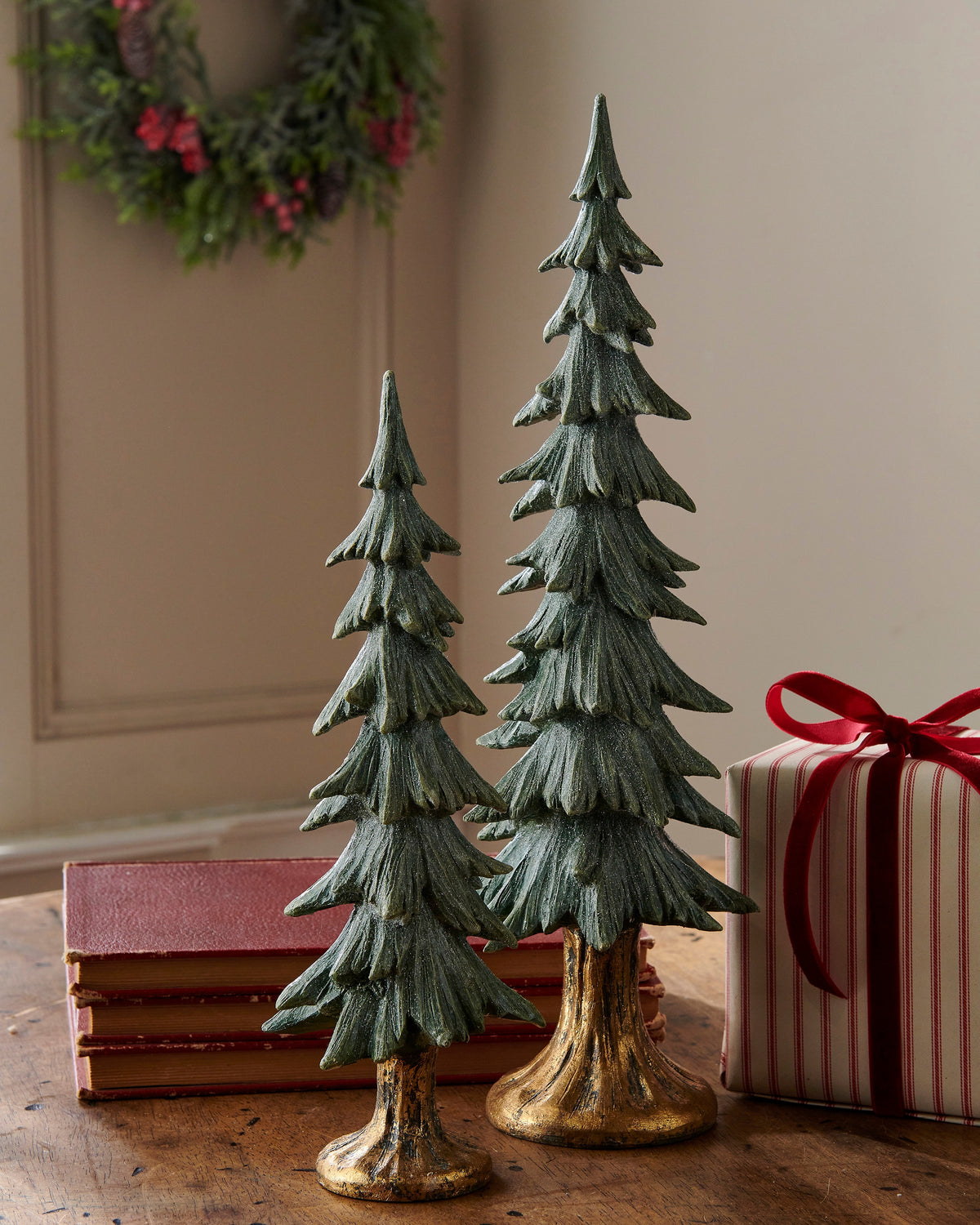 green Glitter Trees on Antique Base on a decorated table