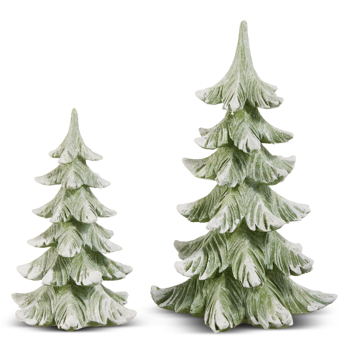 2 Snow Tipped Light Green Trees on a white background
