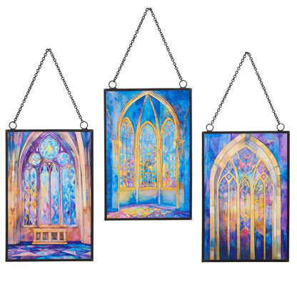 three framed Stained Glass Window Ornaments against a white background