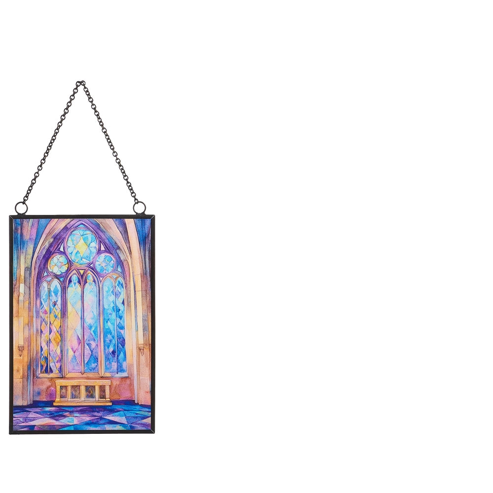 framed Stained Glass Window Ornament wit blue & purple hues