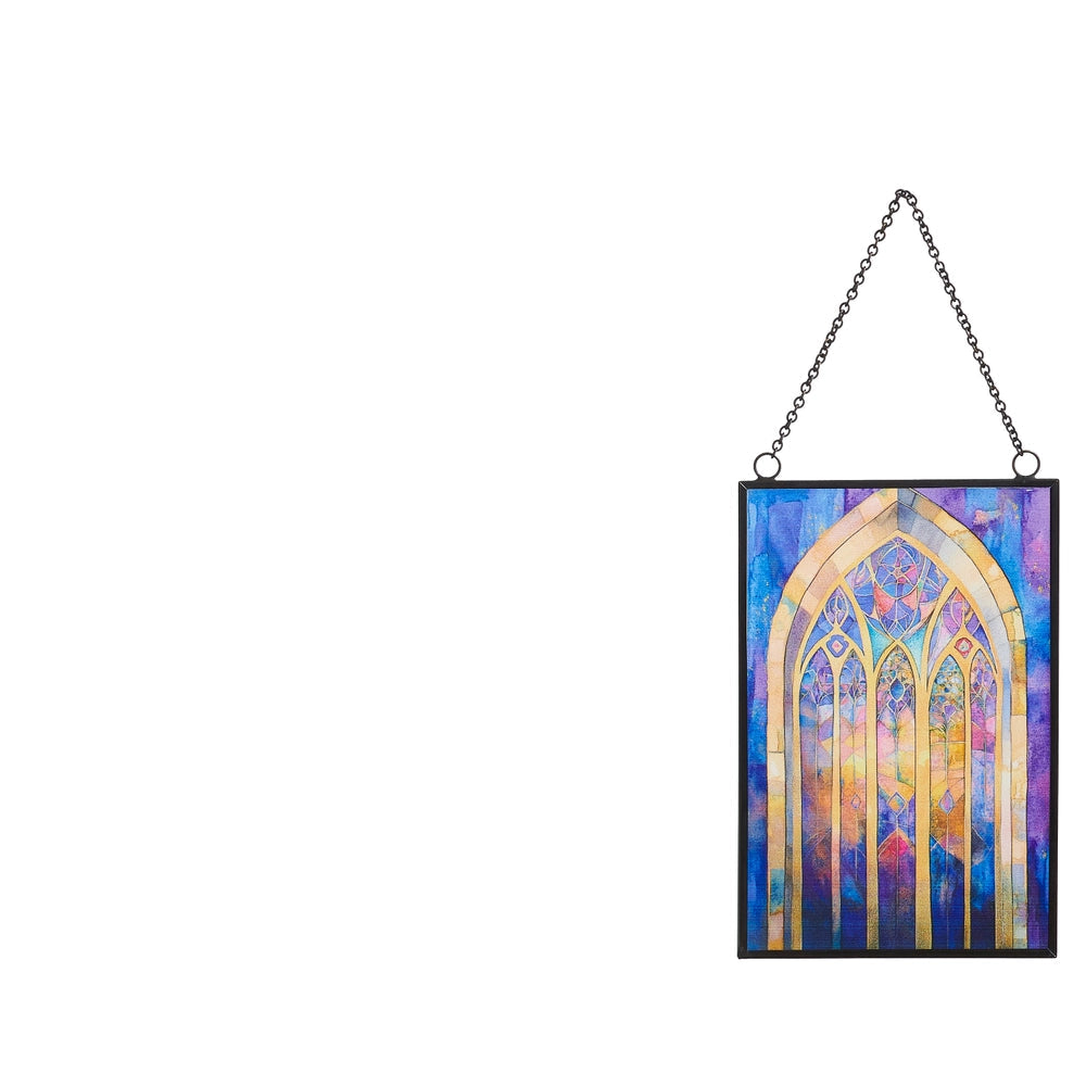 framed Stained Glass Window Ornament with purple and orange hues